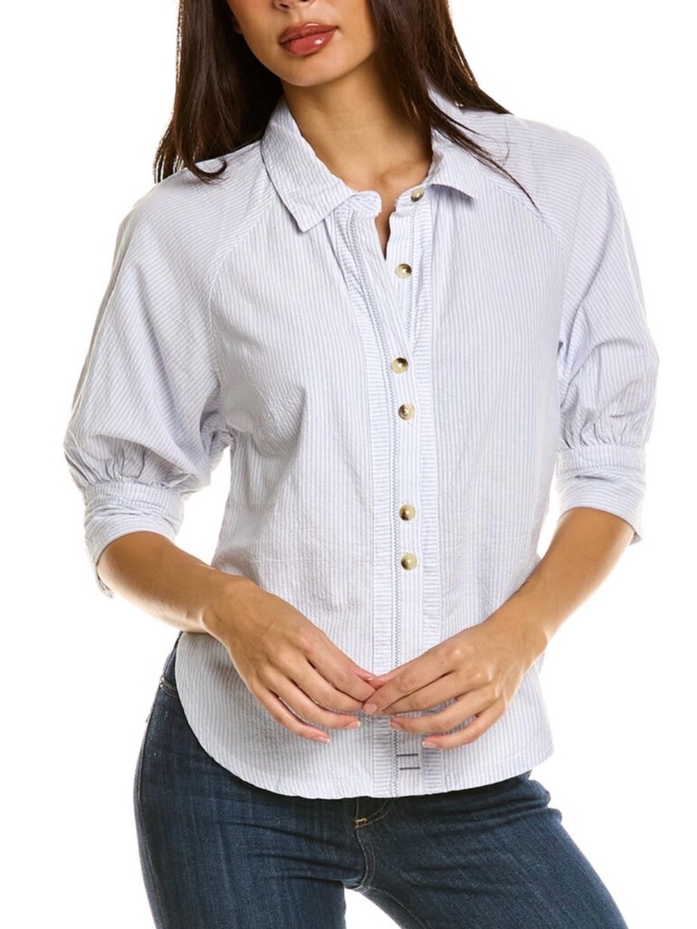 We The Free Light Blue Pinstripe Button-Front Shirt. Extra small